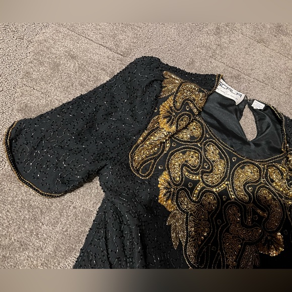 Vintage Scala Gold & Black Beaded Short Sleeve Top Blouse Shoulder Pads Keyhole - Picture 5 of 16